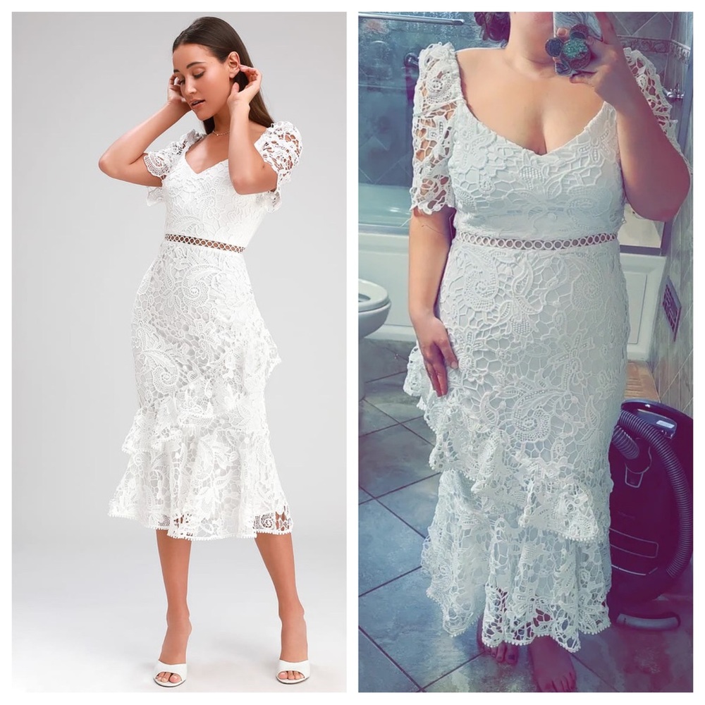 Lulus Briarwood White Lace Ruffled Midi Dress